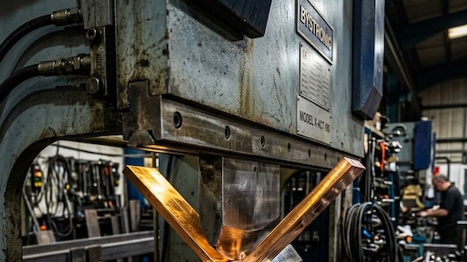 V-die bending setup used to calculate tonnage requirements for copper busbars