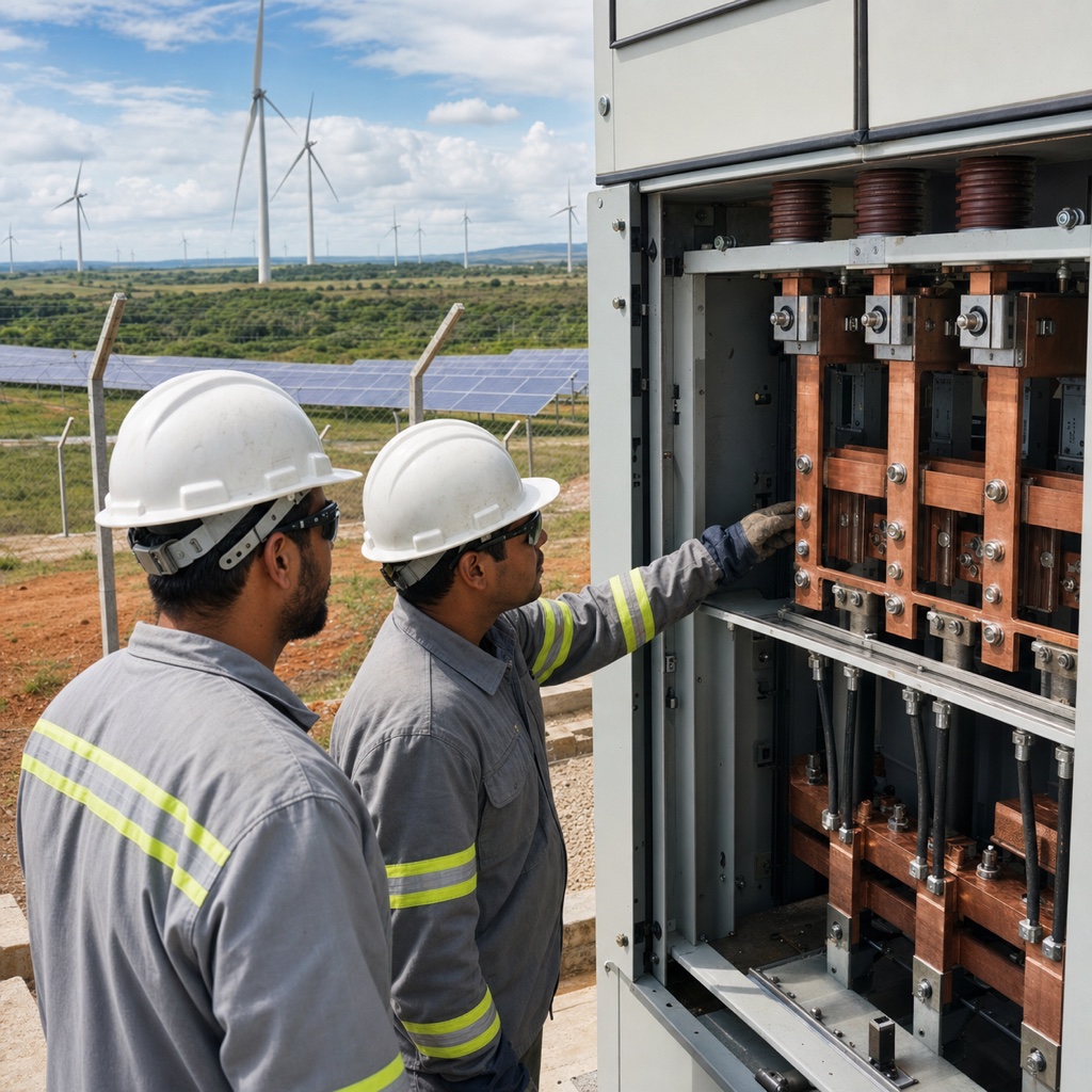 Brazilian electrical technicians inspecting copper busbars at a renewable-energy substation