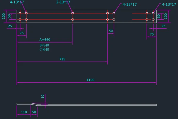 Busbar CAD programming screen showing dimensioned part profile and hole coordinates
