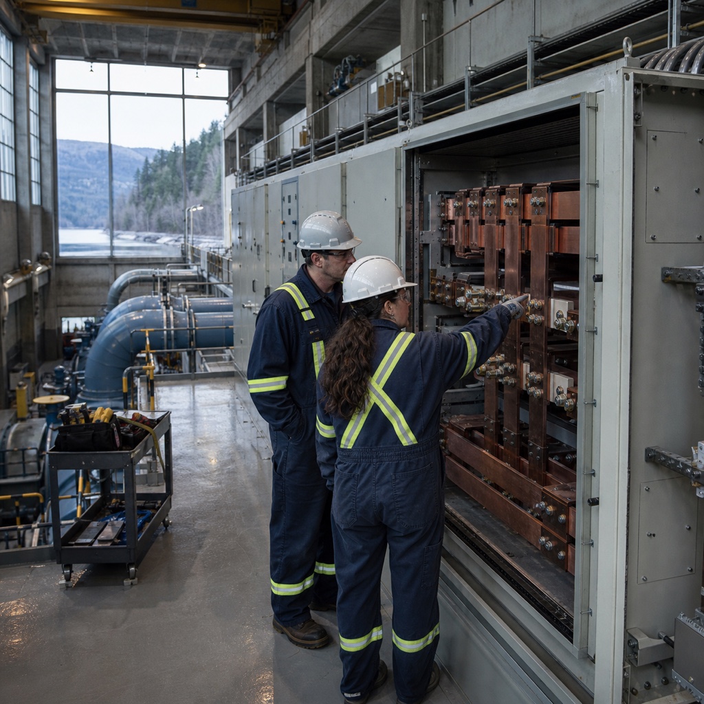 Canadian hydroelectric station technicians inspecting a modernized industrial copper busbar system