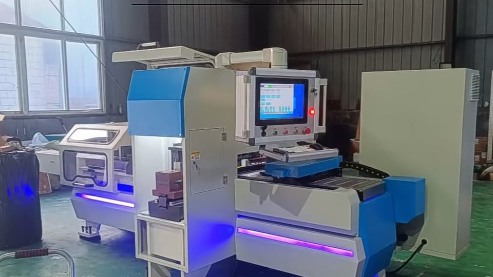 Factory floor inspection view of a CNC busbar machine frame and hydraulic stations