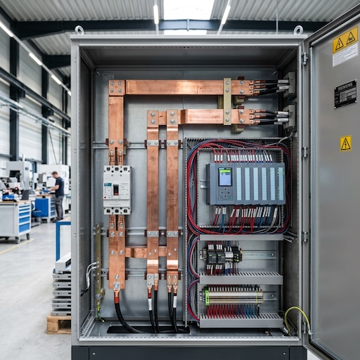 High-density industrial switchgear cabinet busbar layout showing precision copper joints