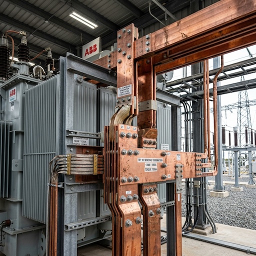 Heavy-duty electrical transformer busbar installation with thick copper plates